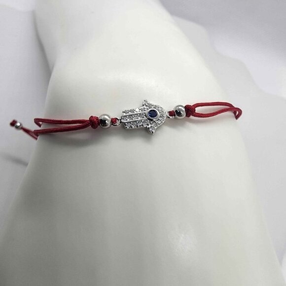 Sterling Silver 925 Hamsa Design With Red String Bracelet - Picture 2 of 3